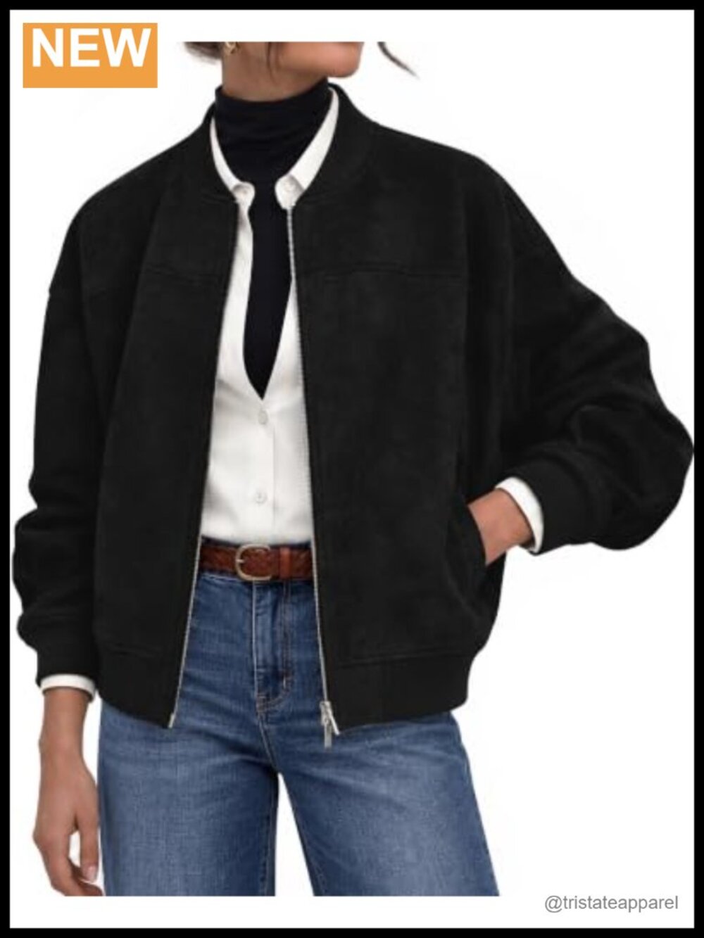 Faux Suede Cropped Bomber Jacket Two-Way Zip Casual Outerwear